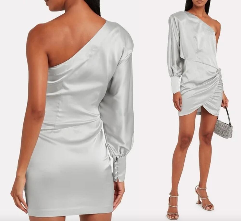 Retrofete | Drisana Silk Satin Ruched Dress | Silver | Size XS